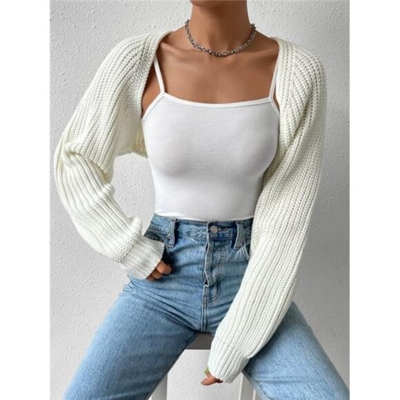 Balletcore Ribbed Knit Raglan Sleeve Shrug Crop Cardigan Without